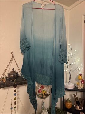 Light to Teal Ombre Lace Trim Kimono Cardigan